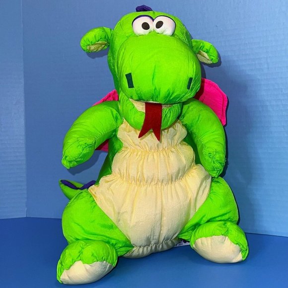 Mervyn's Playful Pals Dragon Neon Green Pink Wings Nylon 14" Plush Sound Vintage - Picture 5 of 11